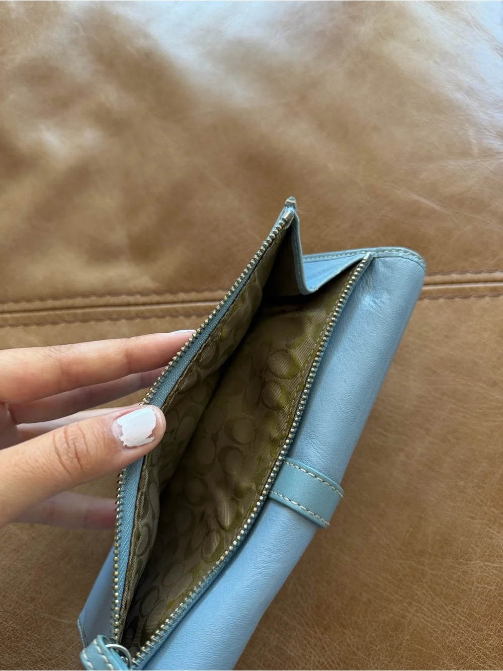 coach vintage blue leather wallet buckle closure
